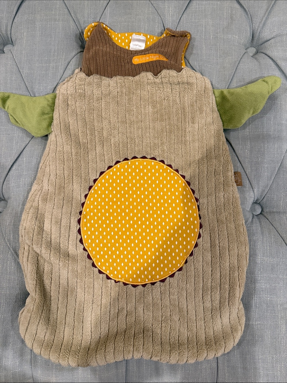 Cozy Beige Owl Sleep Sack with Mustard Patch and Green Accents